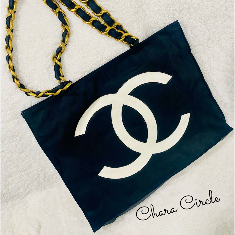 Black/White Nylon Canvas CC Logo Chain Shopping Tote Bag